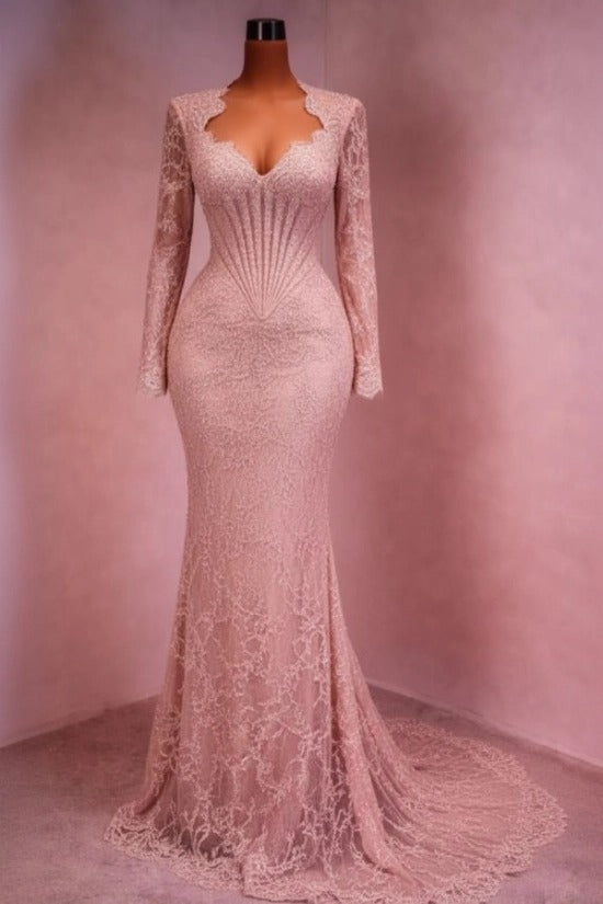 Sequin Lace Mermaid Evening Dress Deep V-Neck Long Sleeve Scallop Trim Boned Corset Formal Gown with Sweep Train
