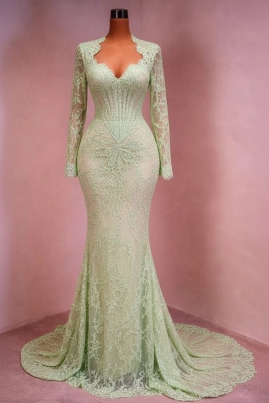 Sequin Lace Mermaid Evening Dress Deep V-Neck Long Sleeve Scallop Trim Boned Corset Formal Gown with Sweep Train