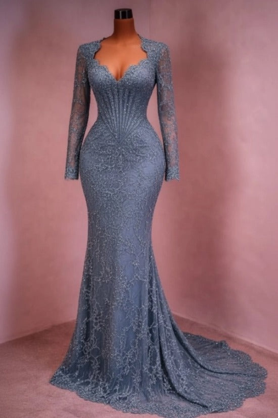 Sequin Lace Mermaid Evening Dress Deep V-Neck Long Sleeve Scallop Trim Boned Corset Formal Gown with Sweep Train