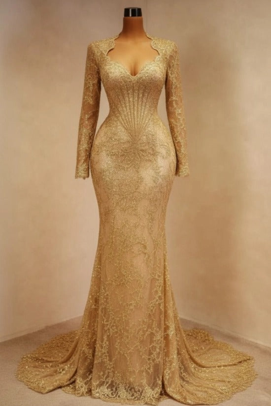Sequin Lace Mermaid Evening Dress Deep V-Neck Long Sleeve Scallop Trim Boned Corset Formal Gown with Sweep Train