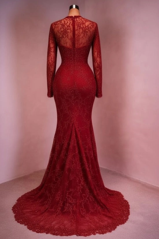 Sequin Lace Mermaid Evening Dress Deep V-Neck Long Sleeve Scallop Trim Boned Corset Formal Gown with Sweep Train