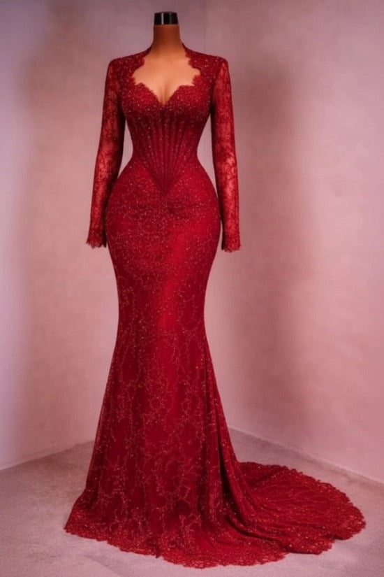 Sequin Lace Mermaid Evening Dress Deep V-Neck Long Sleeve Scallop Trim Boned Corset Formal Gown with Sweep Train