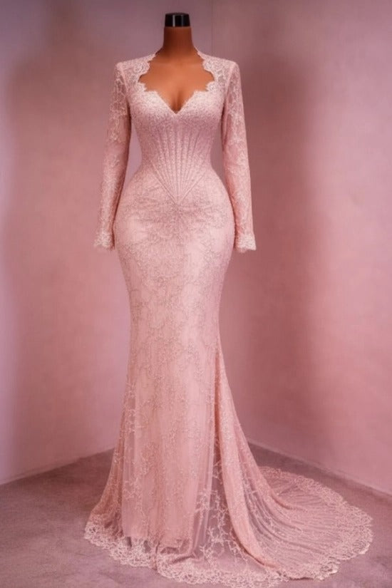 Sequin Lace Mermaid Evening Dress Deep V-Neck Long Sleeve Scallop Trim Boned Corset Formal Gown with Sweep Train
