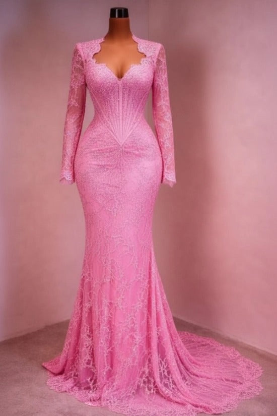 Sequin Lace Mermaid Evening Dress Deep V-Neck Long Sleeve Scallop Trim Boned Corset Formal Gown with Sweep Train