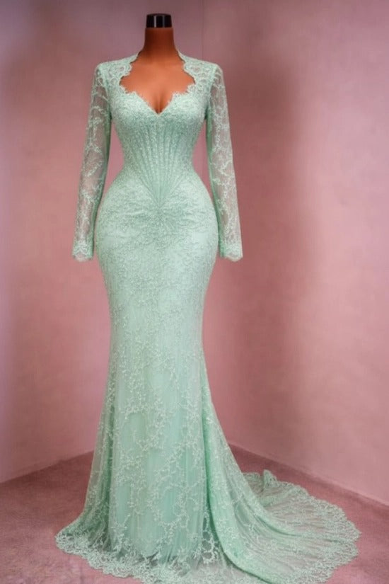 Sequin Lace Mermaid Evening Dress Deep V-Neck Long Sleeve Scallop Trim Boned Corset Formal Gown with Sweep Train