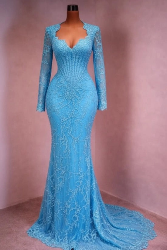 Sequin Lace Mermaid Evening Dress Deep V-Neck Long Sleeve Scallop Trim Boned Corset Formal Gown with Sweep Train