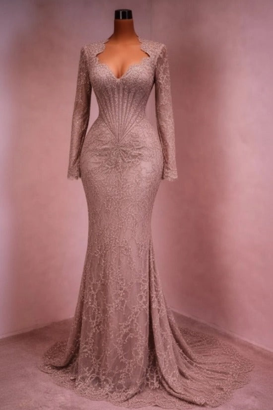 Sequin Lace Mermaid Evening Dress Deep V-Neck Long Sleeve Scallop Trim Boned Corset Formal Gown with Sweep Train