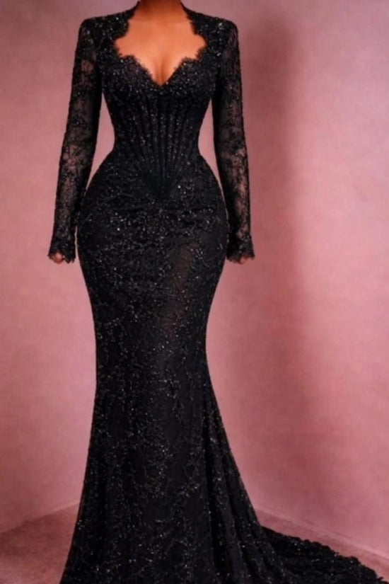 Sequin Lace Mermaid Evening Dress Deep V-Neck Long Sleeve Scallop Trim Boned Corset Formal Gown with Sweep Train