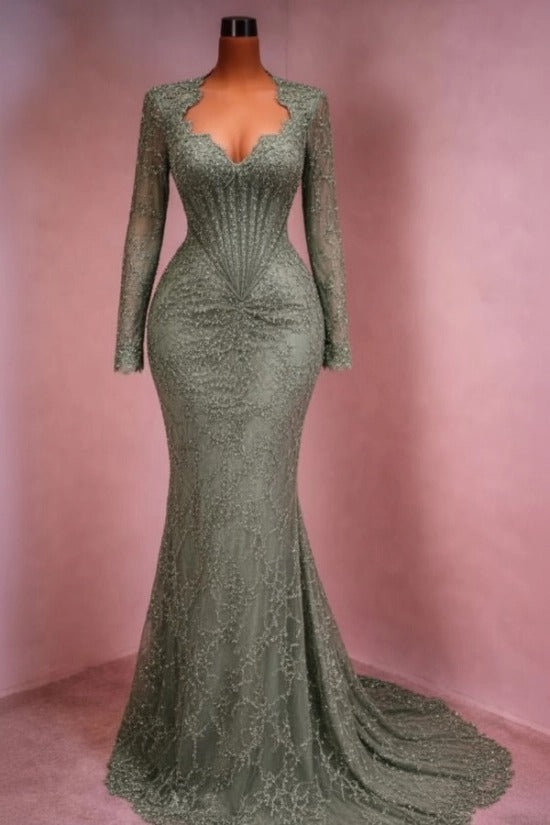 Sequin Lace Mermaid Evening Dress Deep V-Neck Long Sleeve Scallop Trim Boned Corset Formal Gown with Sweep Train
