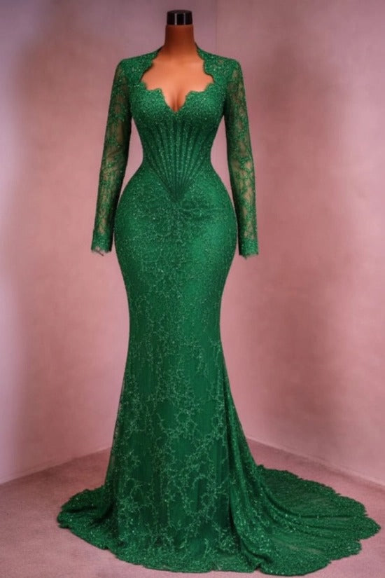 Sequin Lace Mermaid Evening Dress Deep V-Neck Long Sleeve Scallop Trim Boned Corset Formal Gown with Sweep Train