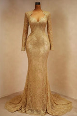 Sequin Lace Mermaid Evening Dress Deep V-Neck Long Sleeve Scallop Trim Boned Corset Formal Gown with Sweep Train