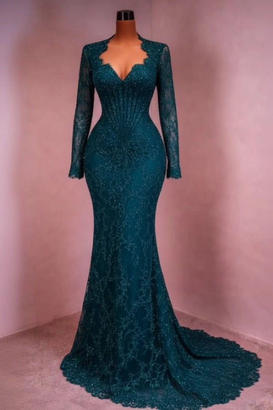 Sequin Lace Mermaid Evening Dress Deep V-Neck Long Sleeve Scallop Trim Boned Corset Formal Gown with Sweep Train
