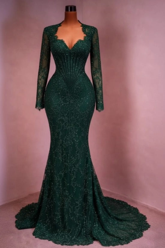 Sequin Lace Mermaid Evening Dress Deep V-Neck Long Sleeve Scallop Trim Boned Corset Formal Gown with Sweep Train
