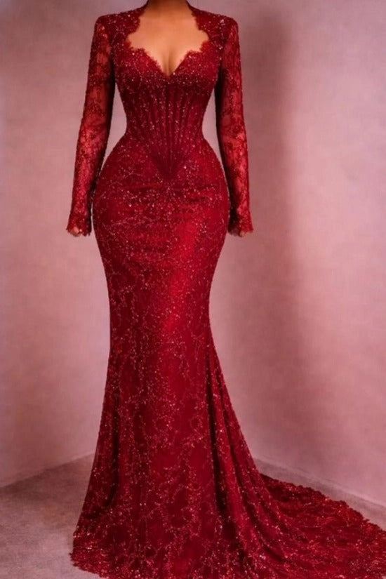 Sequin Lace Mermaid Evening Dress Deep V-Neck Long Sleeve Scallop Trim Boned Corset Formal Gown with Sweep Train