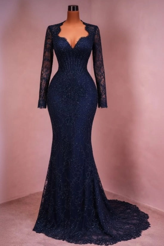 Sequin Lace Mermaid Evening Dress Deep V-Neck Long Sleeve Scallop Trim Boned Corset Formal Gown with Sweep Train