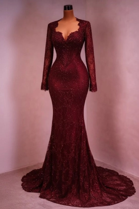Sequin Lace Mermaid Evening Dress Deep V-Neck Long Sleeve Scallop Trim Boned Corset Formal Gown with Sweep Train
