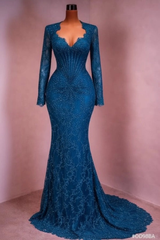 Sequin Lace Mermaid Evening Dress Deep V-Neck Long Sleeve Scallop Trim Boned Corset Formal Gown with Sweep Train