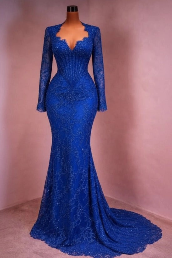 Sequin Lace Mermaid Evening Dress Deep V-Neck Long Sleeve Scallop Trim Boned Corset Formal Gown with Sweep Train
