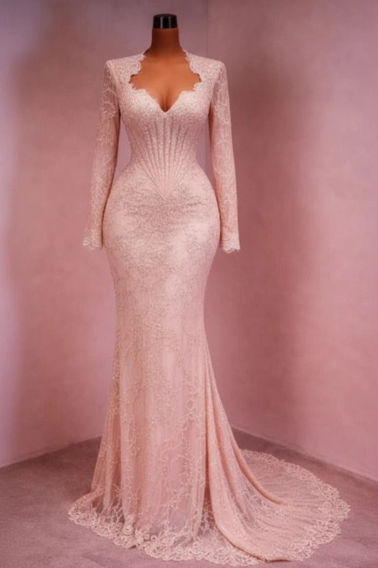 Sequin Lace Mermaid Evening Dress Deep V-Neck Long Sleeve Scallop Trim Boned Corset Formal Gown with Sweep Train