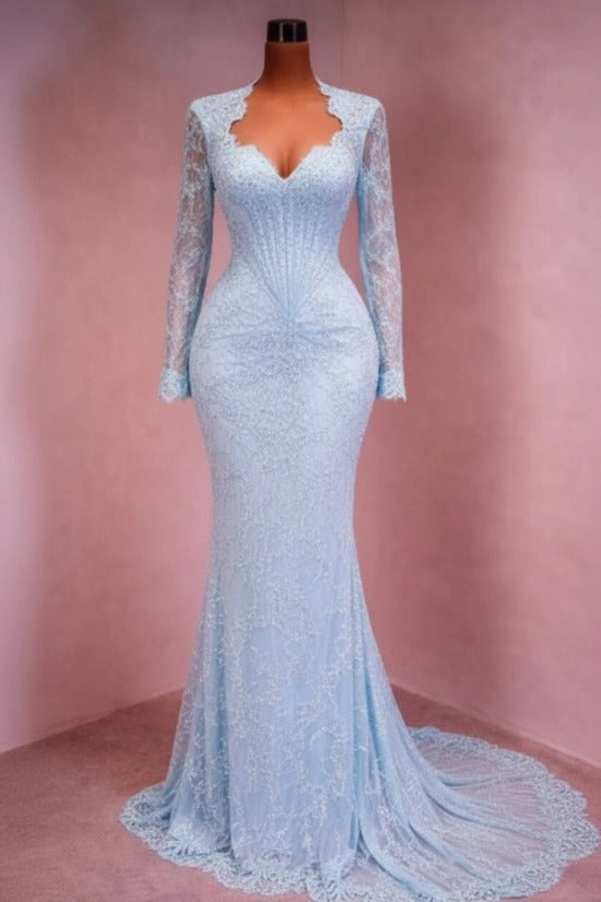 Sequin Lace Mermaid Evening Dress Deep V-Neck Long Sleeve Scallop Trim Boned Corset Formal Gown with Sweep Train