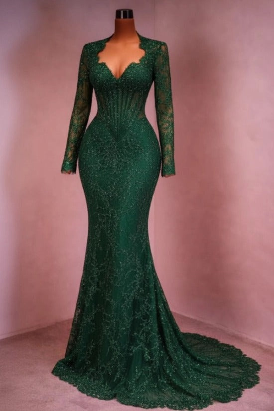 Sequin Lace Mermaid Evening Dress Deep V-Neck Long Sleeve Scallop Trim Boned Corset Formal Gown with Sweep Train