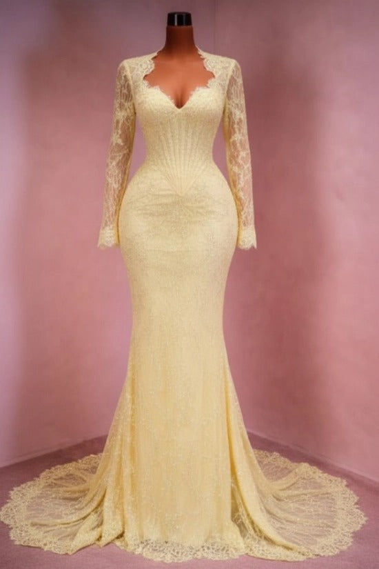 Sequin Lace Mermaid Evening Dress Deep V-Neck Long Sleeve Scallop Trim Boned Corset Formal Gown with Sweep Train