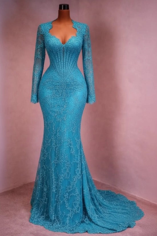 Sequin Lace Mermaid Evening Dress Deep V-Neck Long Sleeve Scallop Trim Boned Corset Formal Gown with Sweep Train