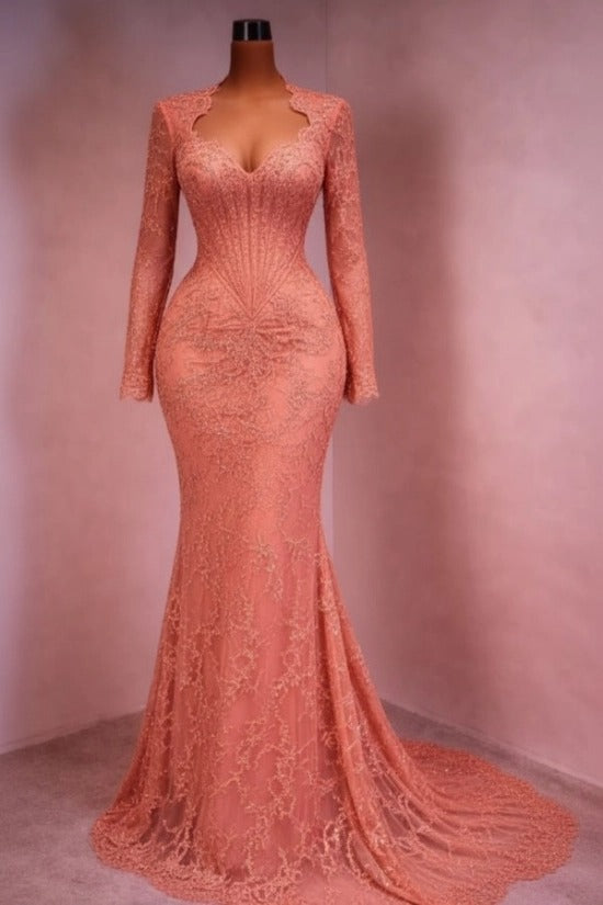Sequin Lace Mermaid Evening Dress Deep V-Neck Long Sleeve Scallop Trim Boned Corset Formal Gown with Sweep Train