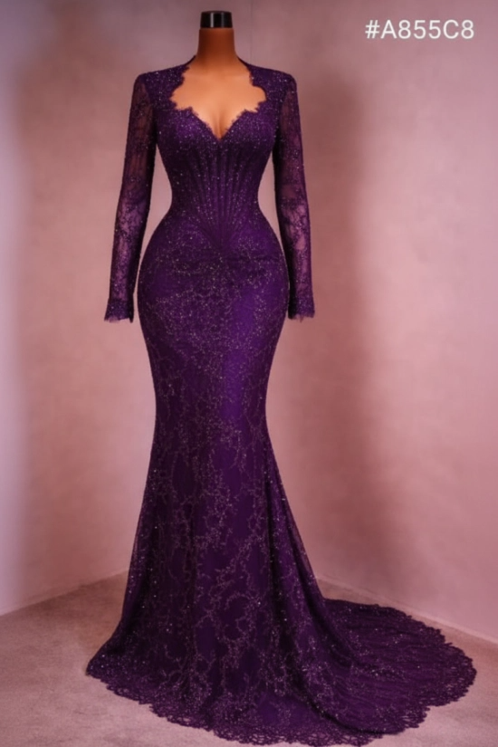 Sequin Lace Mermaid Evening Dress Deep V-Neck Long Sleeve Scallop Trim Boned Corset Formal Gown with Sweep Train