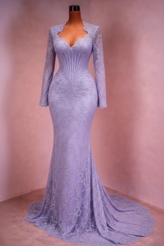 Sequin Lace Mermaid Evening Dress Deep V-Neck Long Sleeve Scallop Trim Boned Corset Formal Gown with Sweep Train