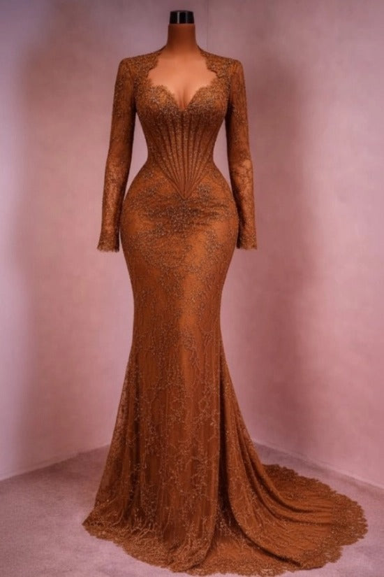 Sequin Lace Mermaid Evening Dress Deep V-Neck Long Sleeve Scallop Trim Boned Corset Formal Gown with Sweep Train