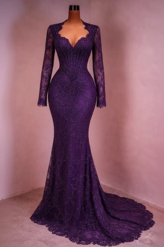 Sequin Lace Mermaid Evening Dress Deep V-Neck Long Sleeve Scallop Trim Boned Corset Formal Gown with Sweep Train