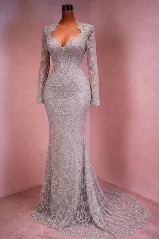 Sequin Lace Mermaid Evening Dress Deep V-Neck Long Sleeve Scallop Trim Boned Corset Formal Gown with Sweep Train