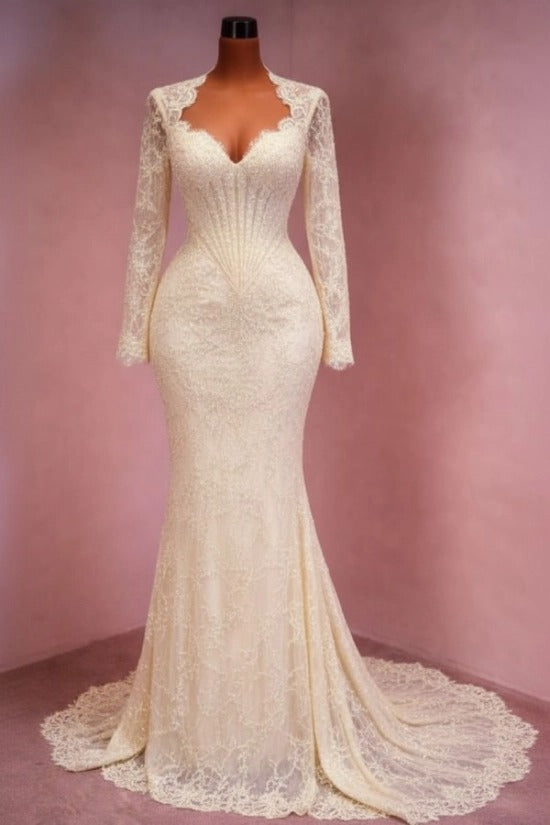 Sequin Lace Mermaid Evening Dress Deep V-Neck Long Sleeve Scallop Trim Boned Corset Formal Gown with Sweep Train