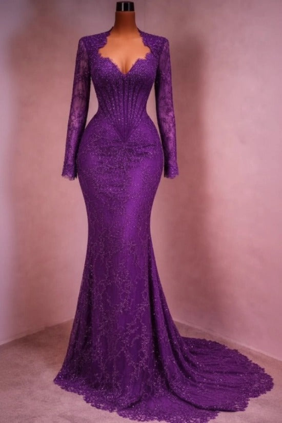 Sequin Lace Mermaid Evening Dress Deep V-Neck Long Sleeve Scallop Trim Boned Corset Formal Gown with Sweep Train