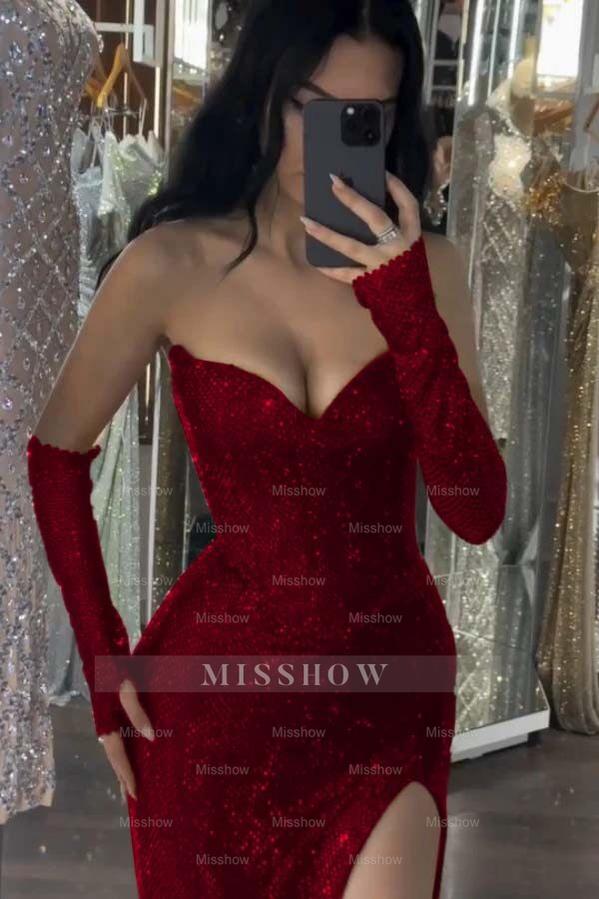 Sequin Strapless Long Mermaid Formal Dress With Split Detachable sleeves