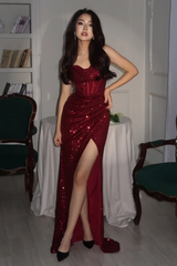 Sequin Strapless Sleeveless Long High Split Formal Dress With Pleated