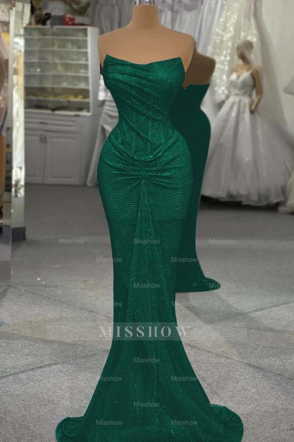 Sequin Strapless Sleeveless Long Mermaid Formal Dress With Pleated