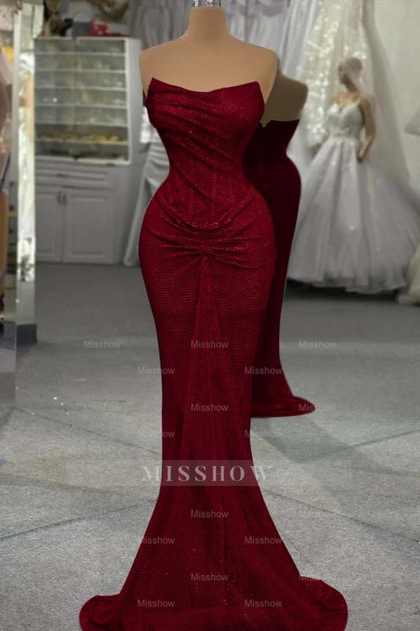 Sequin Strapless Sleeveless Long Mermaid Formal Dress With Pleated