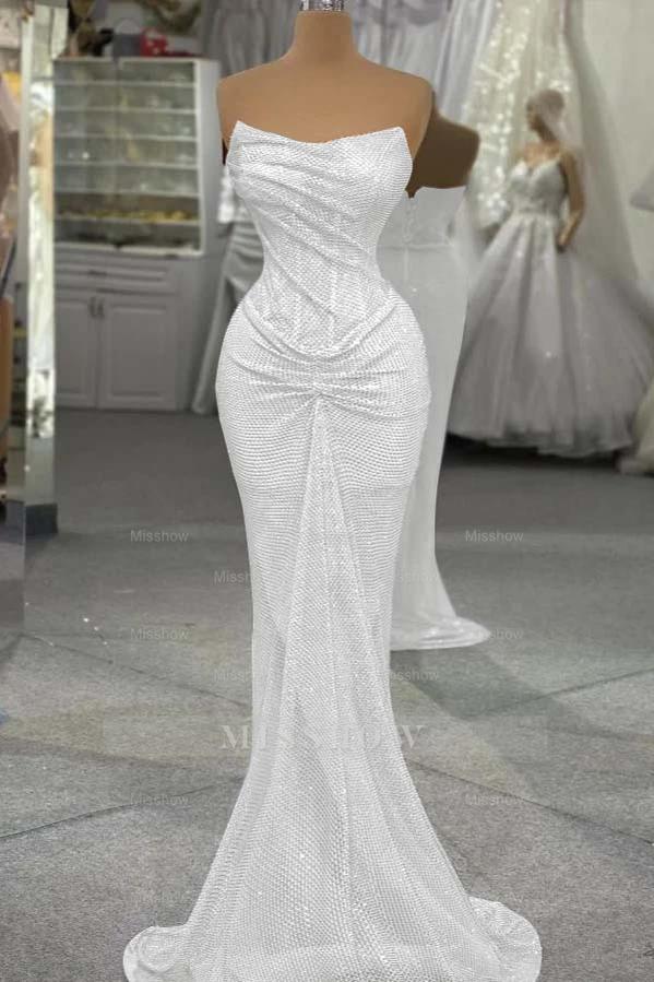 Sequin Strapless Sleeveless Long Mermaid Formal Dress With Pleated