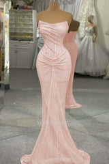 Sequin Strapless Sleeveless Long Mermaid Formal Dress With Pleated