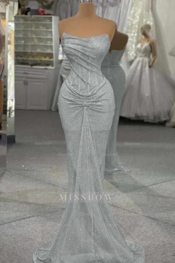 Sequin Strapless Sleeveless Long Mermaid Formal Dress With Pleated