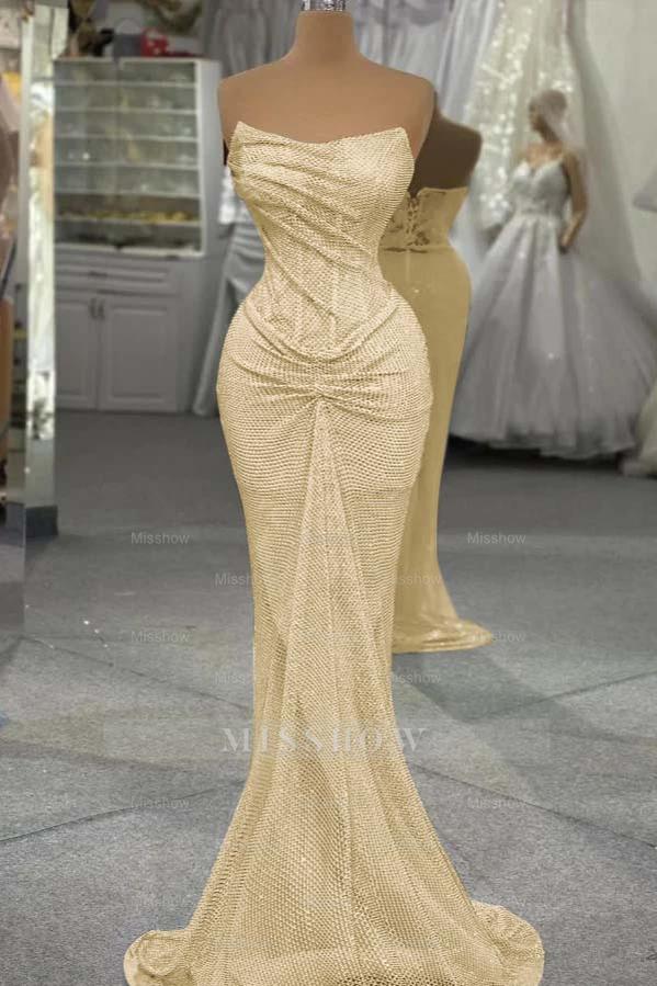 Sequin Strapless Sleeveless Long Mermaid Formal Dress With Pleated