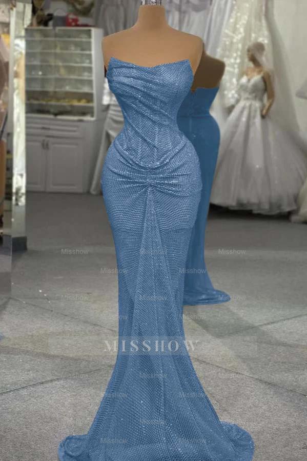 Sequin Strapless Sleeveless Long Mermaid Formal Dress With Pleated