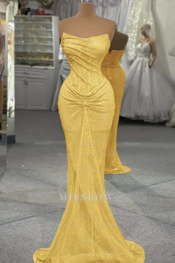 Sequin Strapless Sleeveless Long Mermaid Formal Dress With Pleated