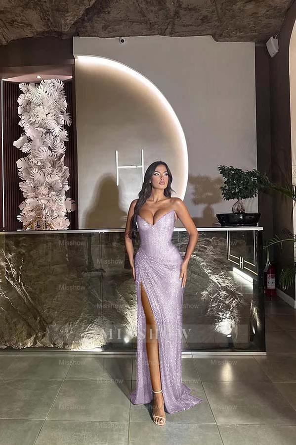 Sequin Strapless Sleeveless Long Split Formal Dress With Pleated