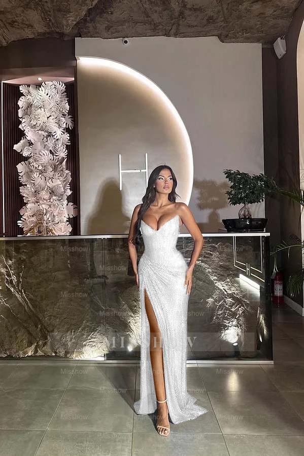 Sequin Strapless Sleeveless Long Split Formal Dress With Pleated