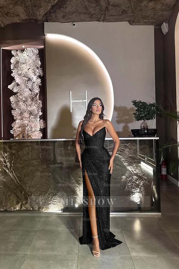 Sequin Strapless Sleeveless Long Split Formal Dress With Pleated