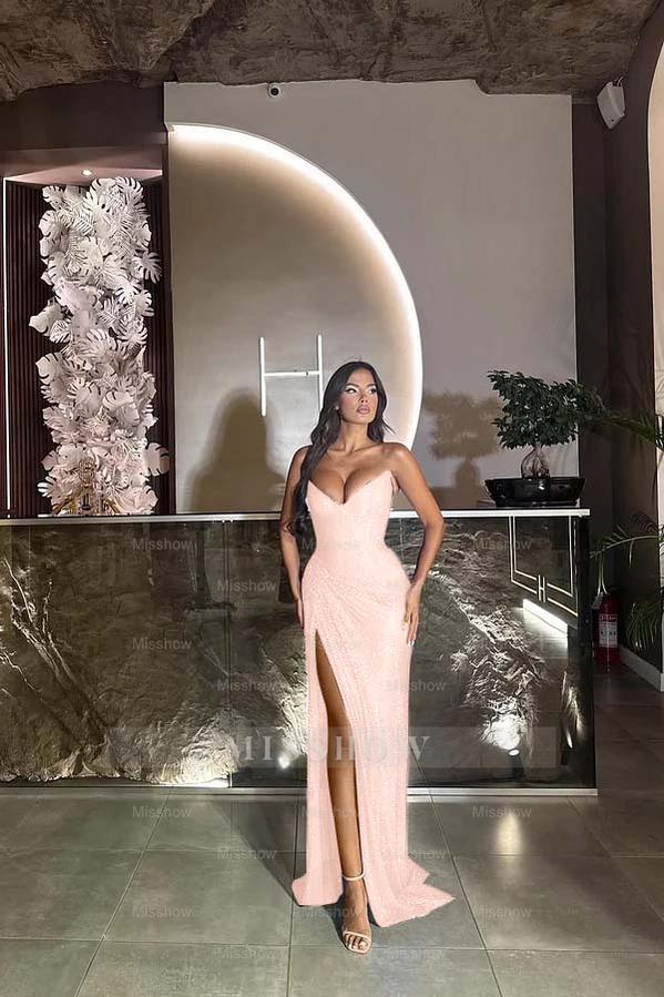 Sequin Strapless Sleeveless Long Split Formal Dress With Pleated