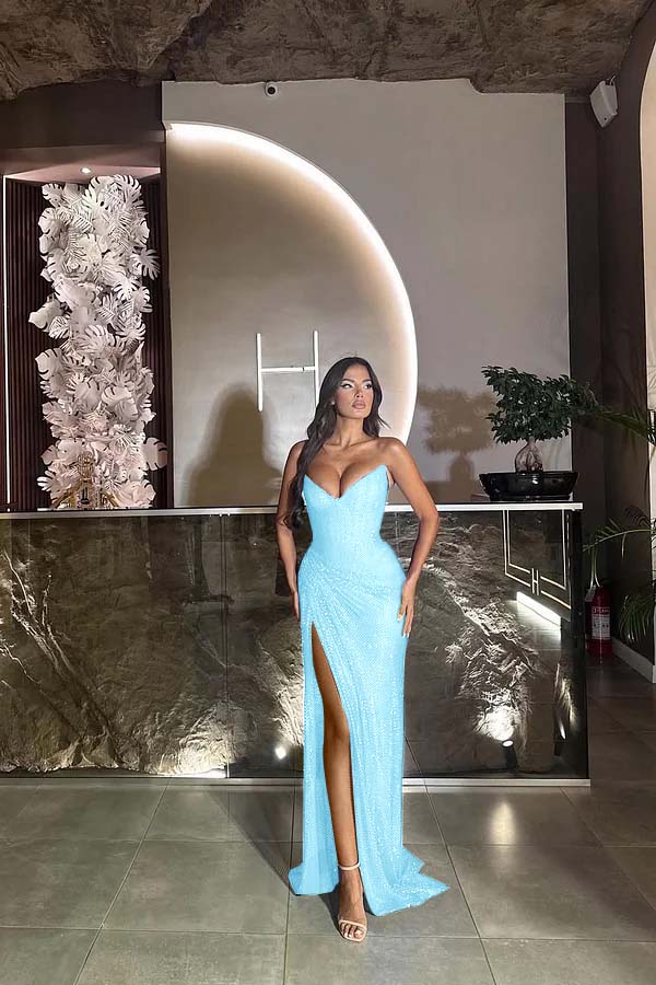 Sequin Strapless Sleeveless Long Split Formal Dress With Pleated